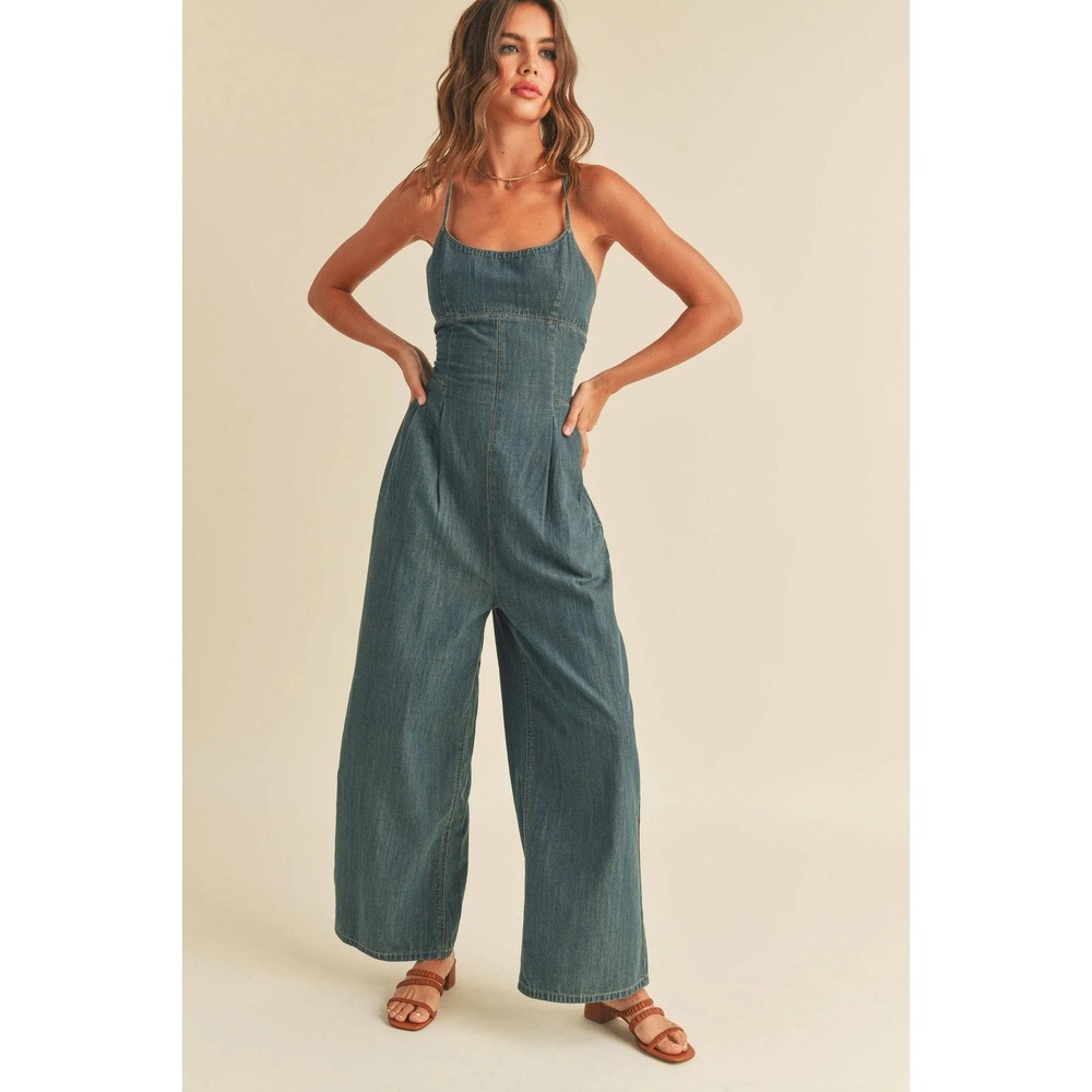 NWT MIOU MUSE - Washed Denim Jumpsuit Size Small 100% Cotton Wide Leg